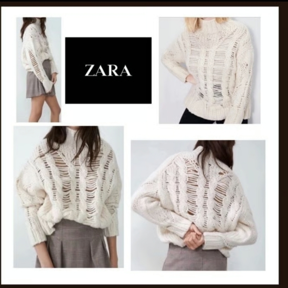 ZARA | Blogger Favorite Thick Cable Openwork Knit Turtleneck Sweater cream Sz S